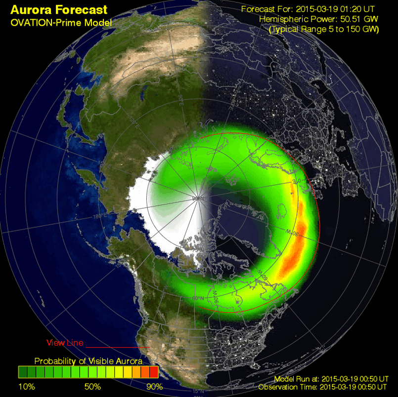 Predicción de visibilidad de Auroras Boreales (00:50 UTC 19/3/2015). NOAA Space Weather.